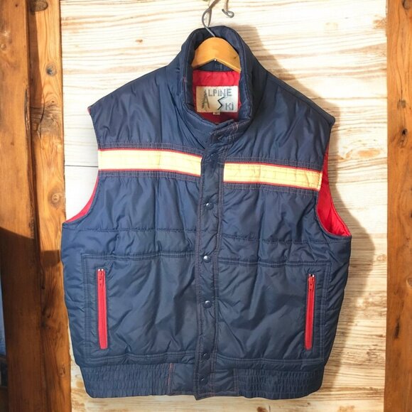 Vintage Alpine Ski Vest Button Front Puffer Size XL Retro Stripe Winter Wear - Picture 1 of 5